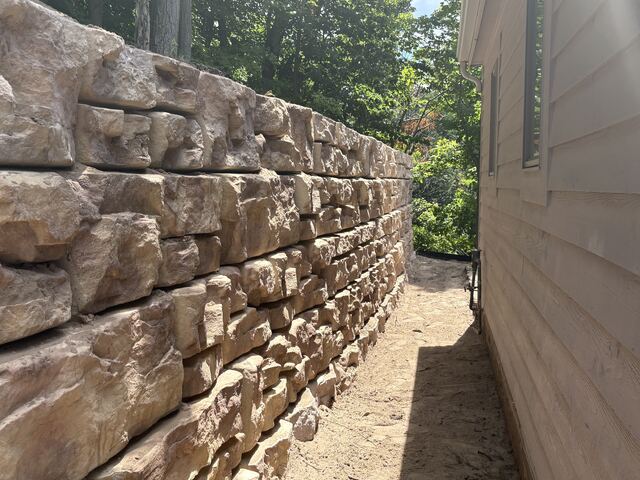 Completed stone retaining wall
