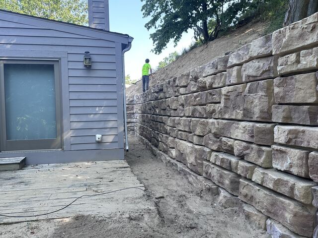 Completed stone retaining wall