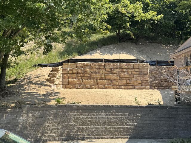 Completed stone retaining wall