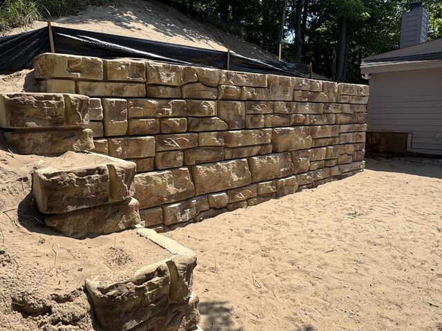 Completed stone retaining wall