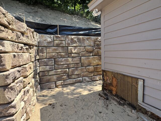 Completed stone retaining wall