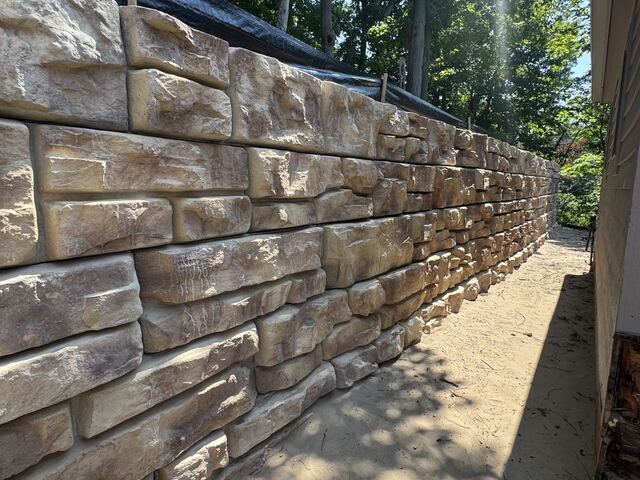 Completed stone retaining wall