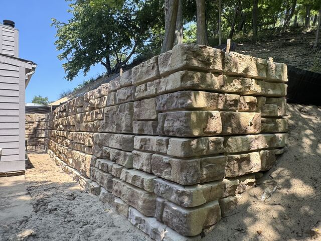 Completed stone retaining wall