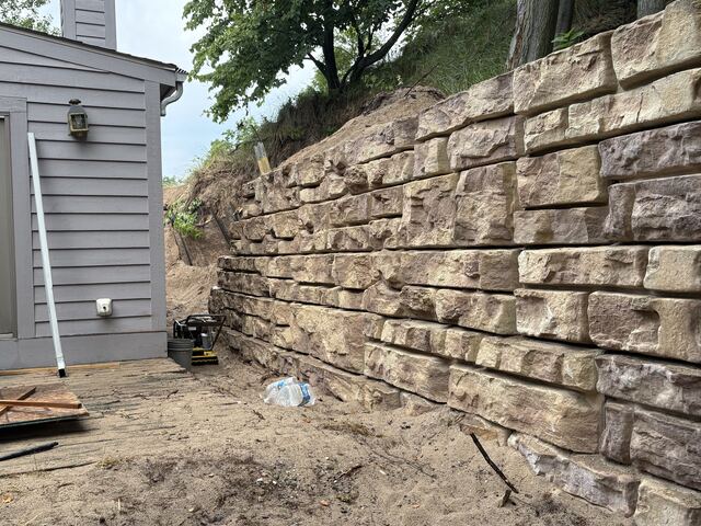 New segmental block retaining wall under construction