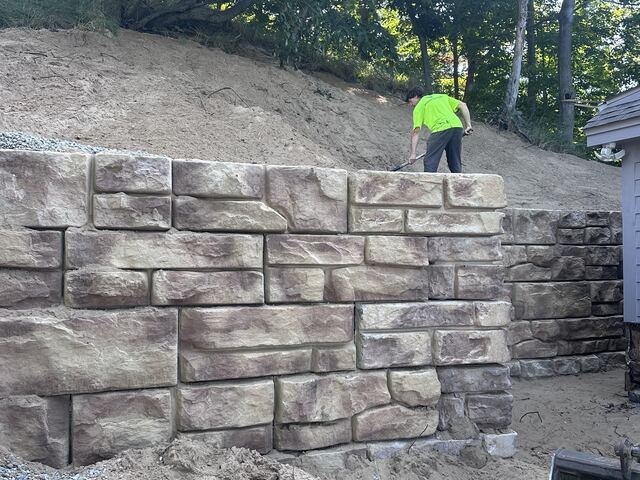 New segmental block retaining wall under construction