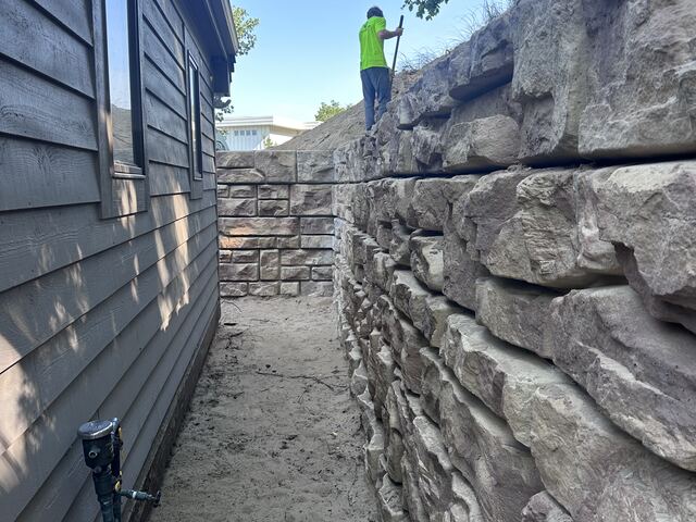 New segmental block retaining wall under construction